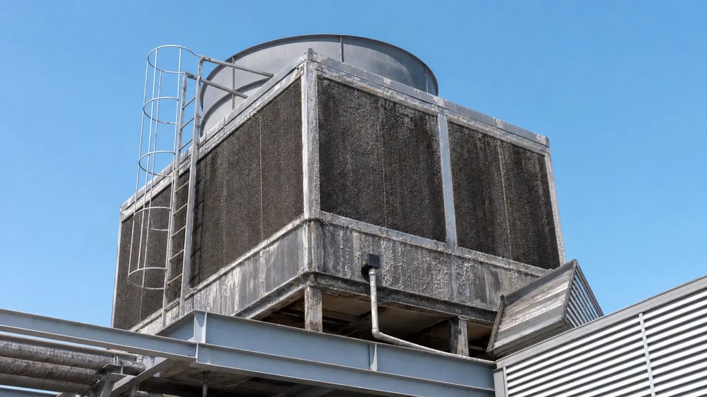 Commercial rooftop cooling tower with scale and mineral deposit buildup prior to professional cleaning