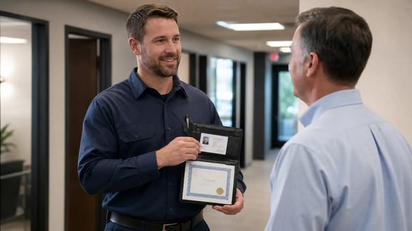 NADCA-certified HVAC technician presenting credentials to a facility manager