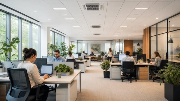 Employees working comfortably in an office with clean indoor air quality