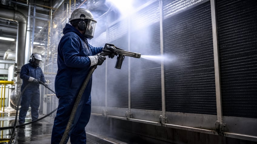 industrial crew dry ice blasting heat exchanger maintenance