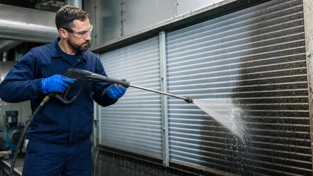 Service-Tech technician power-washing a commercial HVAC cooling coil