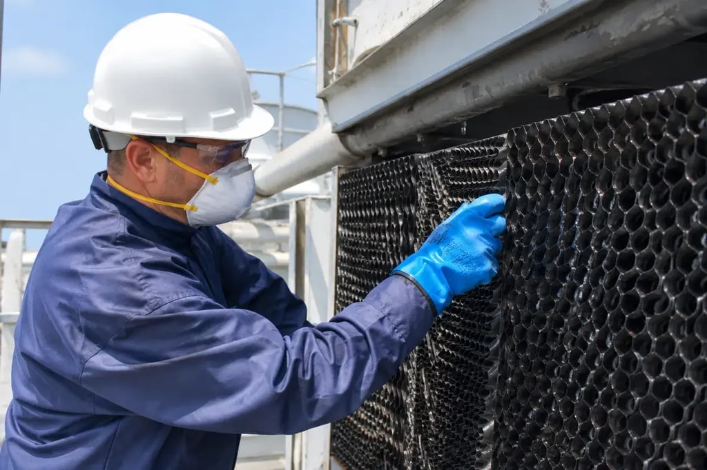 technician cleaning a commercial cooling tower to prevent Legionella bacteria growth