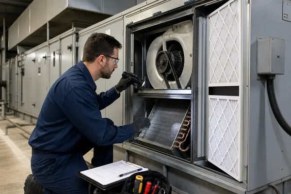 certified technician inspecting commercial air handling unit components