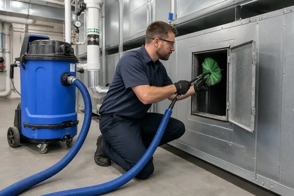 technician performing source-removal cleaning on commercial HVAC ductwork