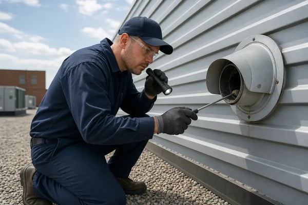technician inspecting commercial dryer exhaust vent for fire safety compliance