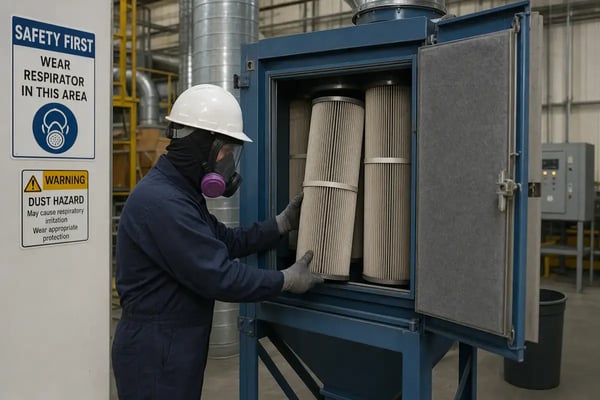 technician servicing industrial dust collector for combustible dust safety