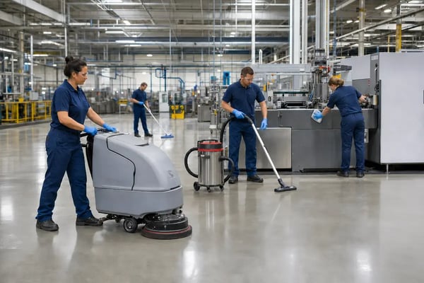 professional industrial cleaning crew servicing a factory facility floor