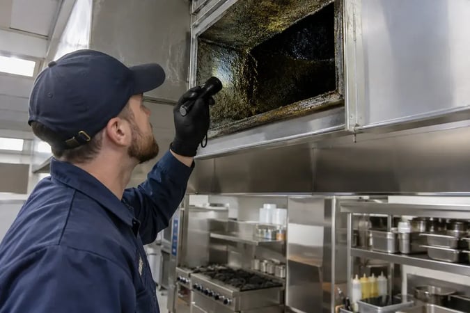 technician inspecting commercial kitchen exhaust hood duct for grease buildup