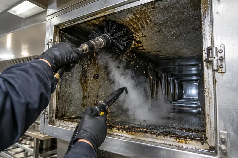 steam cleaning and rotary brush removing grease from kitchen exhaust duct