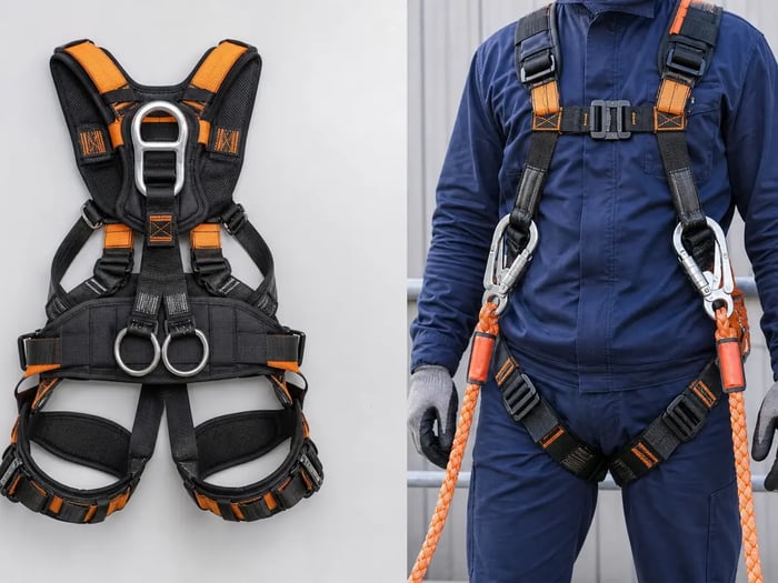 SPRAT-certified rope access technician wearing a full-body safety harness with dual attachment points