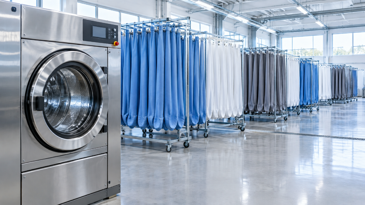 Cleaned fabric duct socks air-drying on racks in an industrial cleaning facility
