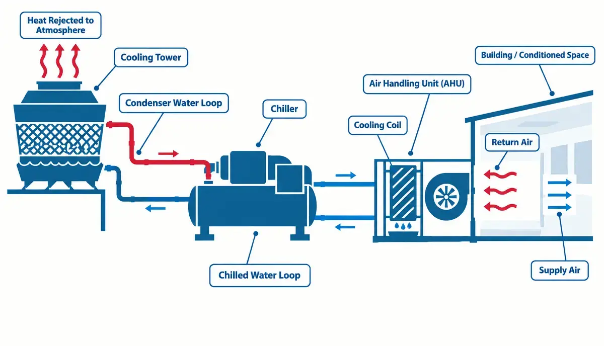 Diagram of a commercial chilled water system connecting a cooling tower, chiller, and air handling unit cooling coil