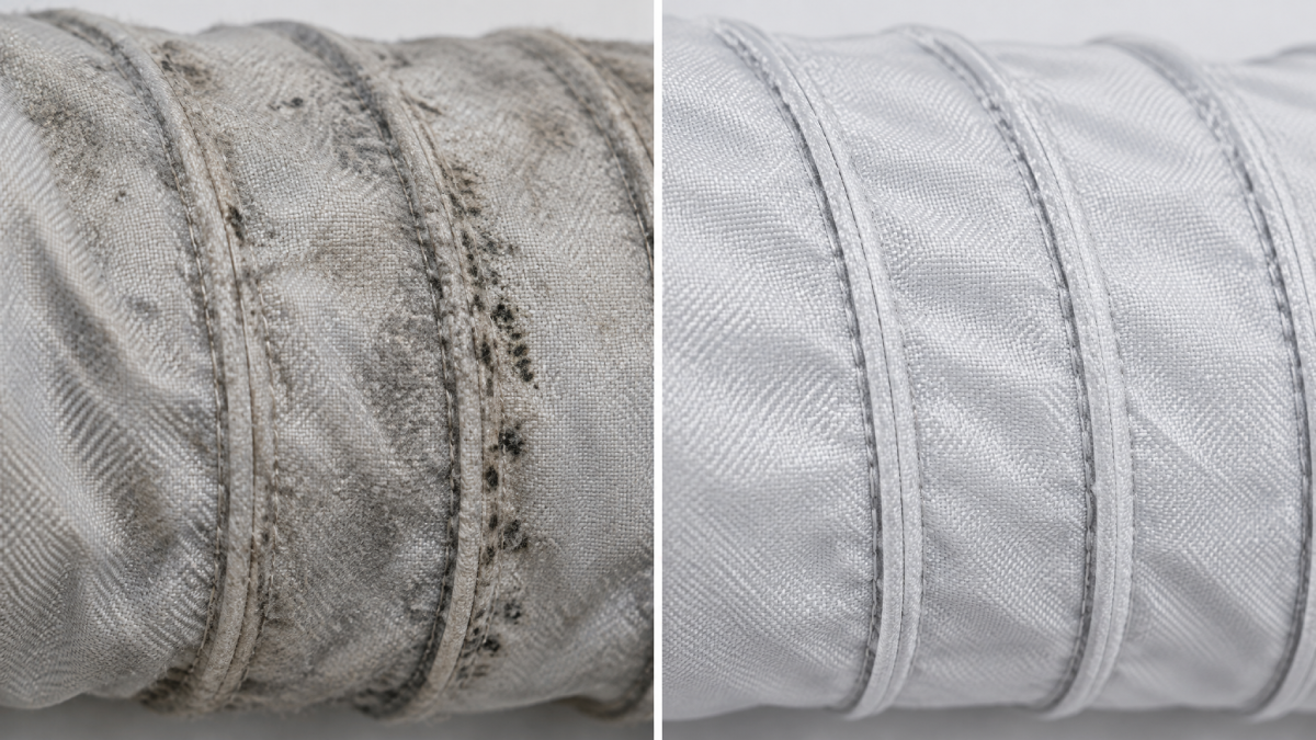 Dirty versus clean fabric duct sock material showing dust and mold discoloration