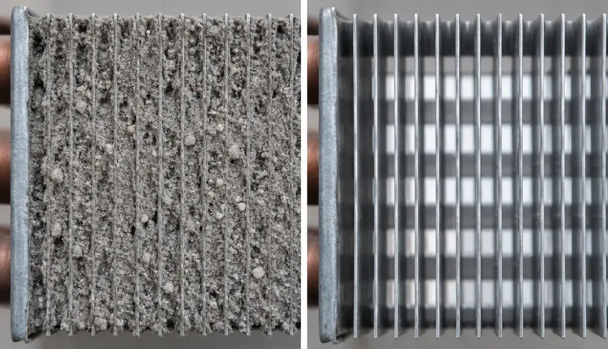 Dirty vs clean cooling coil fins comparison showing dust-packed fins next to clean fins