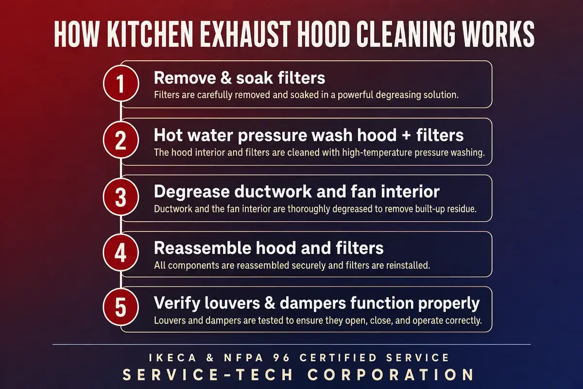 Five-step infographic showing how professional kitchen exhaust hood cleaning works, from filter removal to final inspection