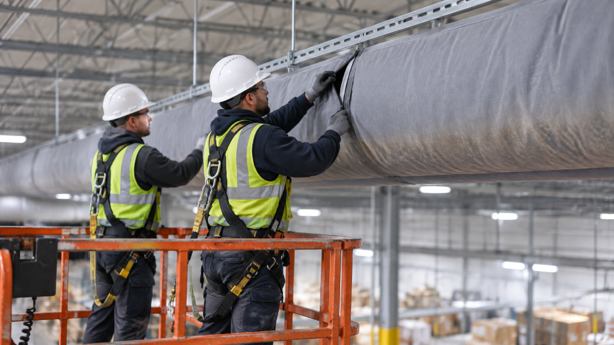 Technicians on a scissor lift unzipping a fabric duct sock section for cleaning