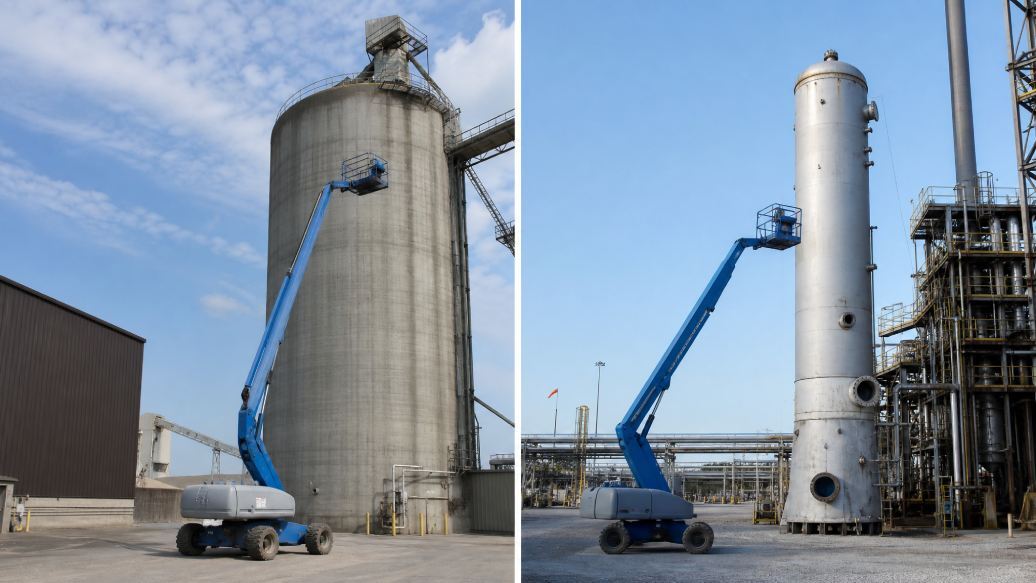 Boom lift unable to reach upper sections of an industrial tower, illustrating limits scaffolding and lifts face at height