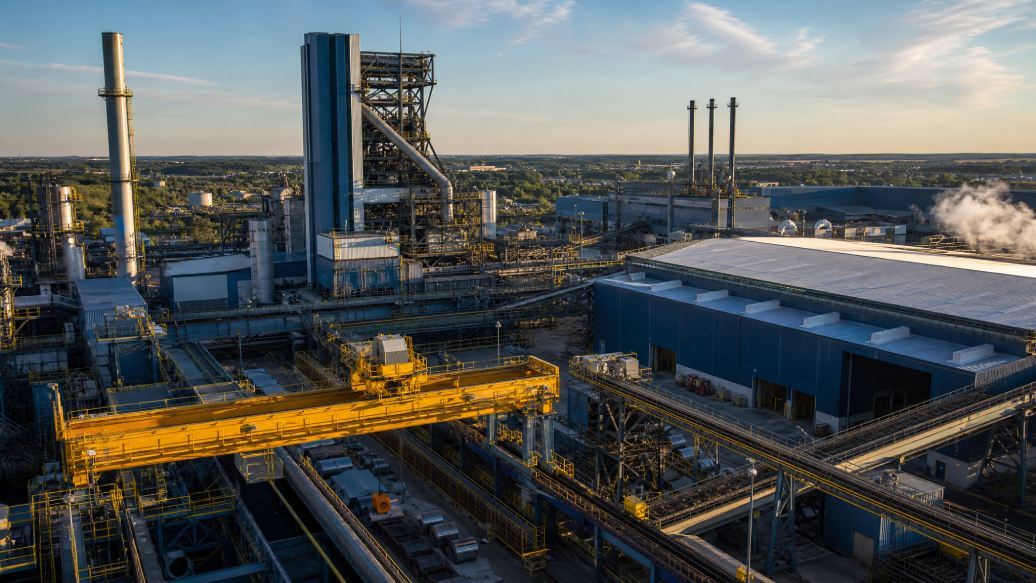 Industrial facility with stacks, crane rails, and overhead structures typical of rope access maintenance work