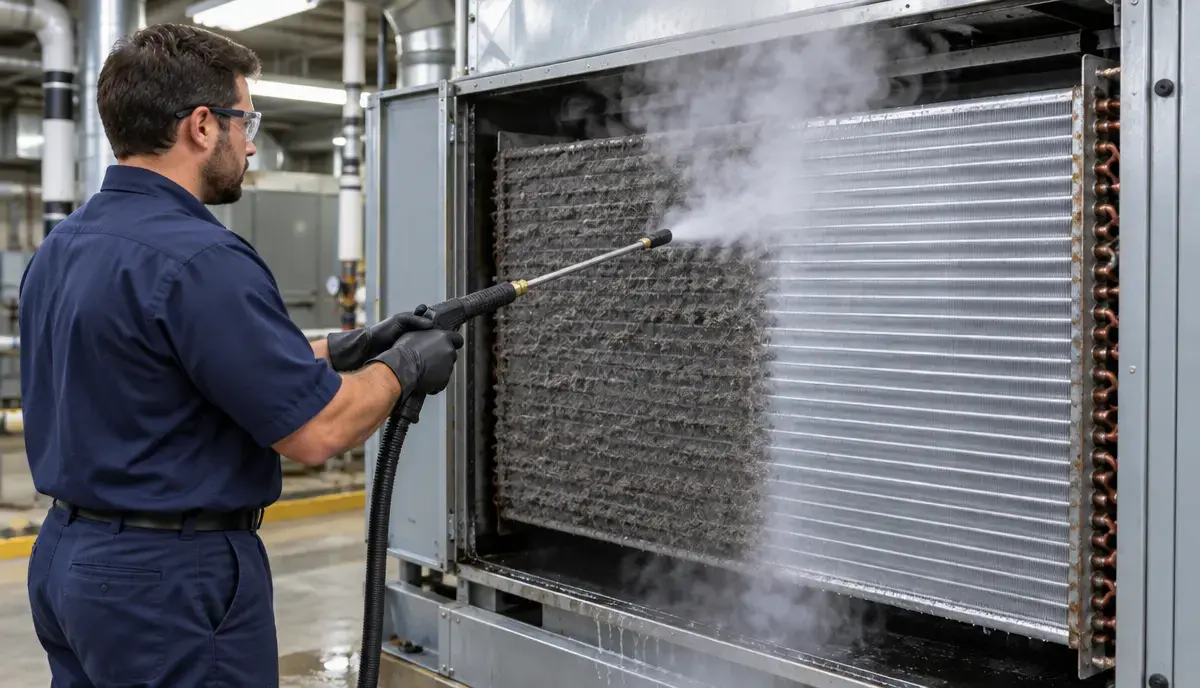 Technician steam cleaning a dusty commercial air handling unit cooling coil