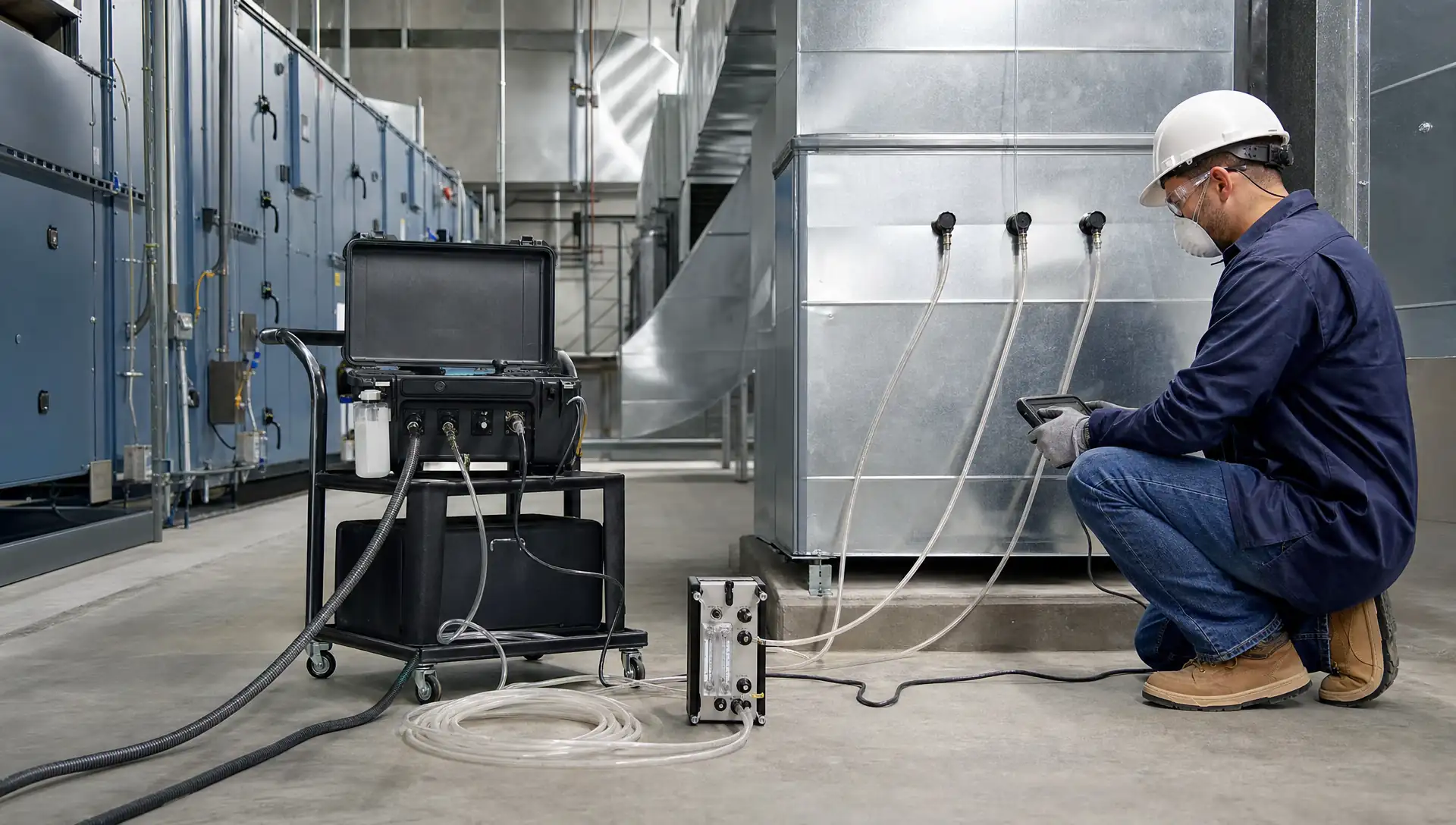 Aeroseal duct sealing equipment injecting aerosolized sealant into a commercial building