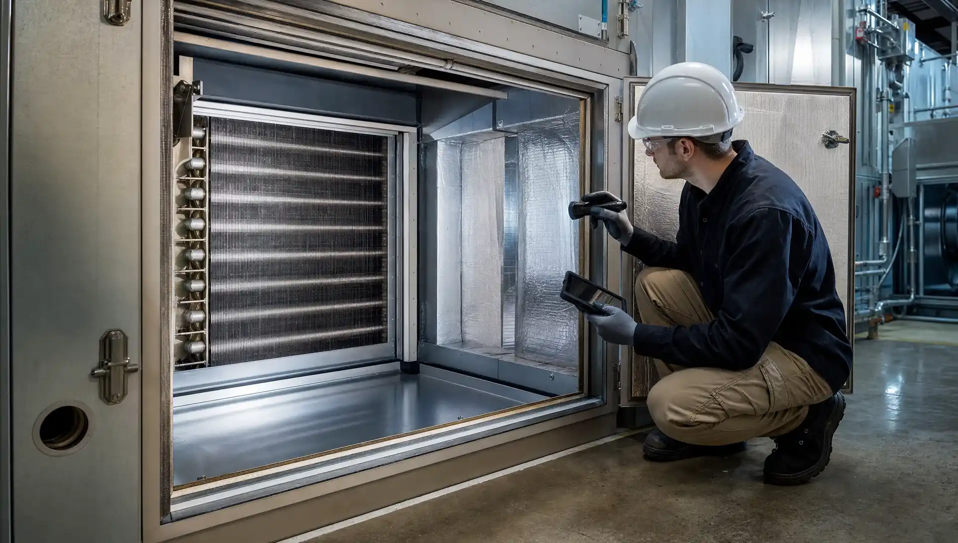 Interior of a commercial air handling unit during refurbishment showing deep-cleaned coil, reconditioned drain pan, and repaired insulation liner