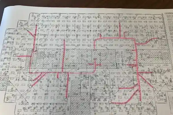 Mechanical blueprint with duct runs highlighted in red for an HVAC cleaning plan