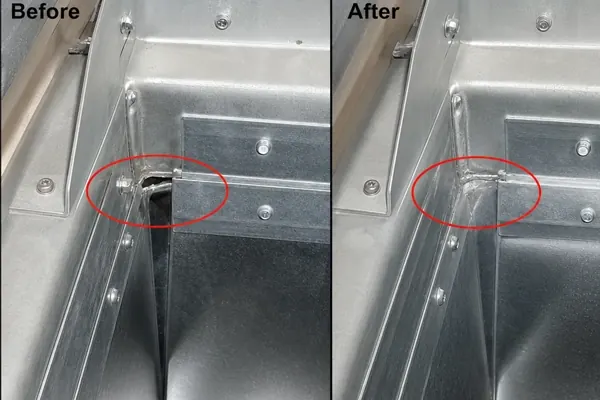 Duct seam gap circled in red, shown before and after Aeroseal sealing