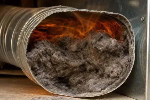 Lint buildup clogging a commercial dryer exhaust duct