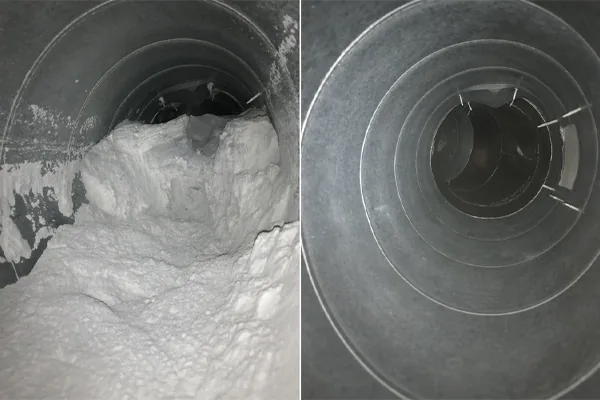 Round duct before and after cleaning, from white dust buildup to bare metal