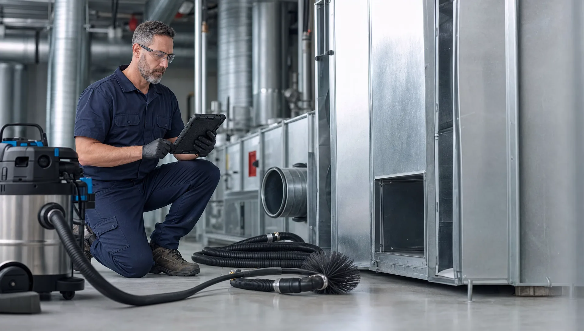 Service-Tech technician documenting a completed industrial cleaning job with photos for a service report