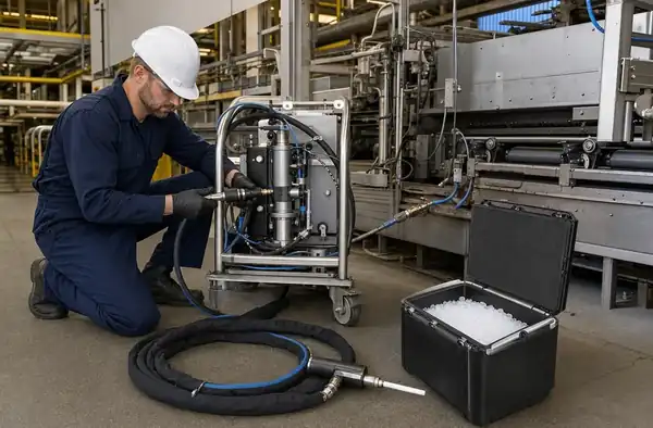 Dry ice pellets and blasting equipment staged for a cost-guide article