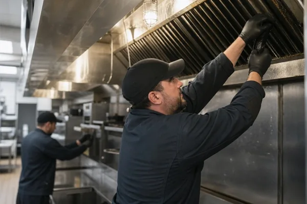 Restaurant kitchen hood and filters during a scheduled exhaust cleaning