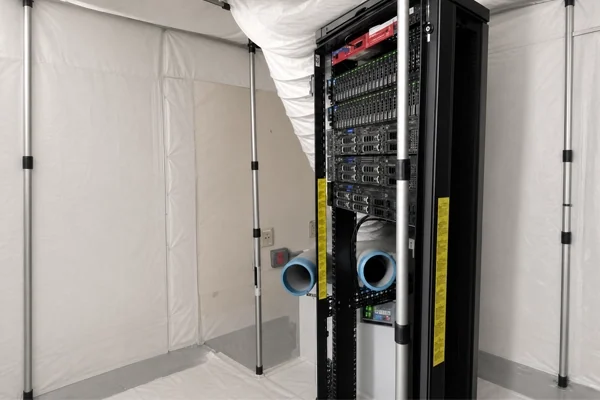 Temporary containment enclosure protecting a server rack during HVAC cleaning