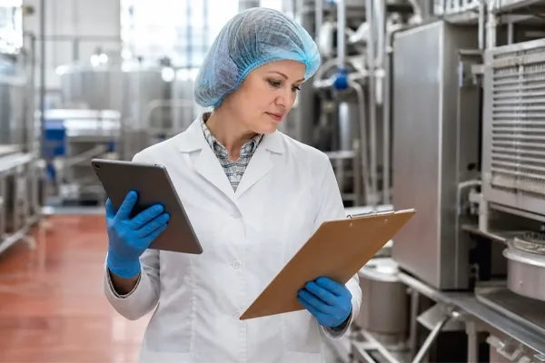 Food safety inspector with a tablet and clipboard in a food processing plant