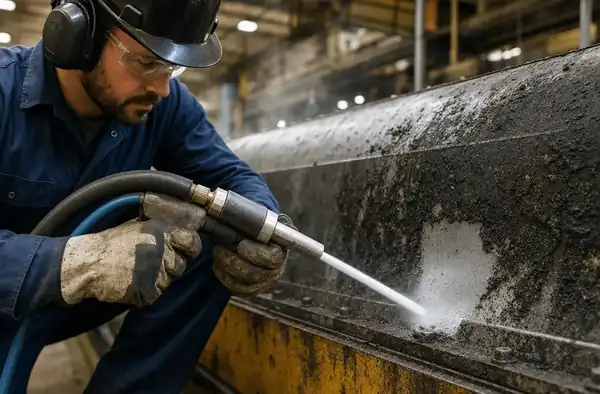 Dry ice blasting nozzle cleaning industrial equipment surface