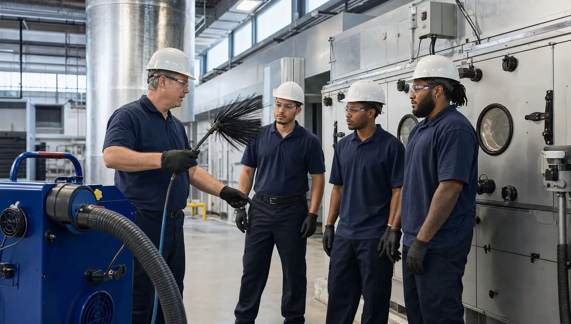 Service-Tech field technicians in safety gear preparing rope access equipment for training