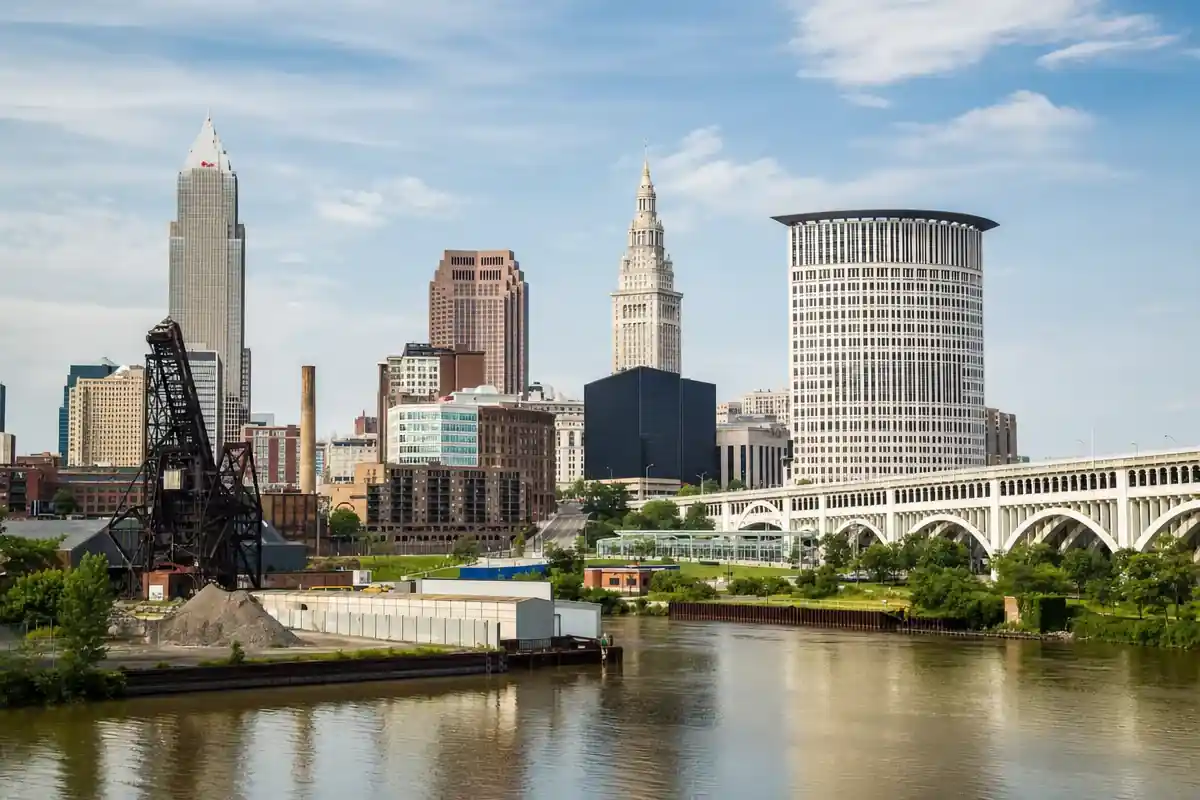 Downtown Cleveland Ohio skyline above the Cuyahoga River industrial valley, Service-Tech Corporation