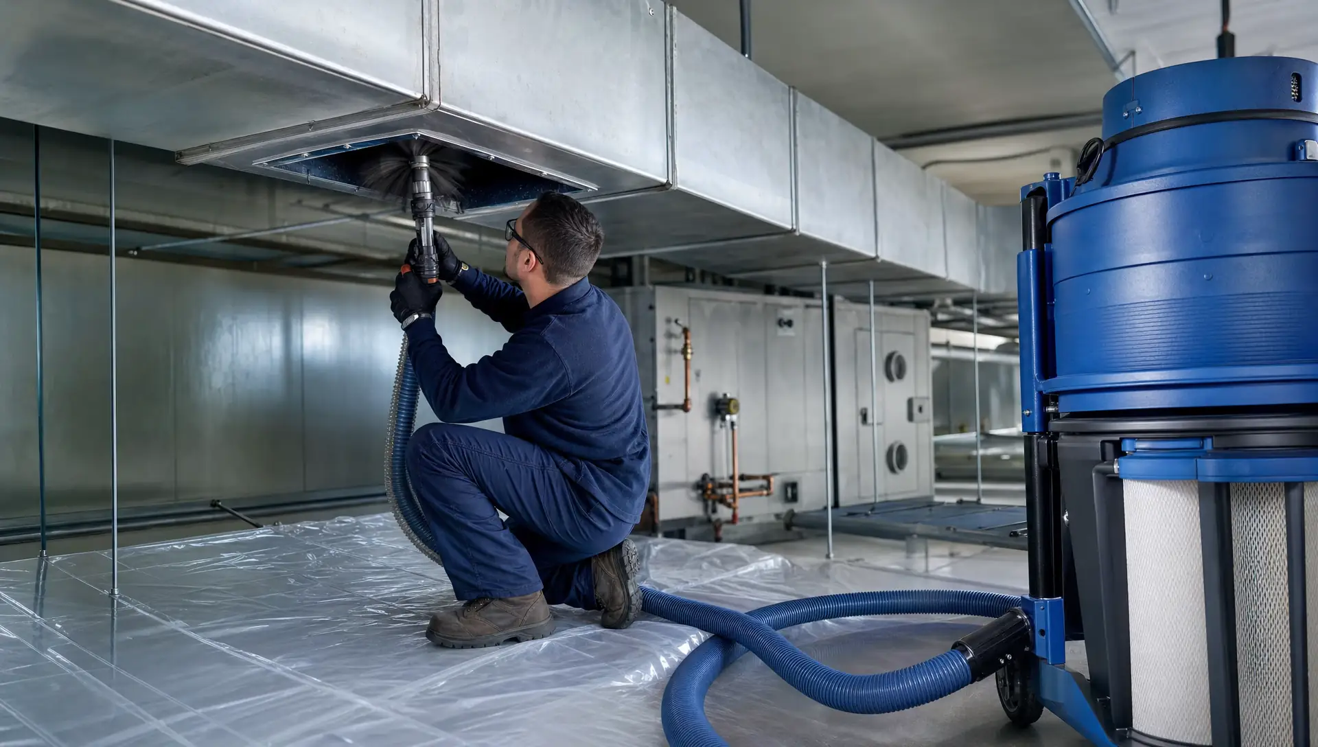Service-Tech Corporation technician cleaning commercial air handling unit ductwork under negative-pressure containment in a Cleveland, Ohio facility