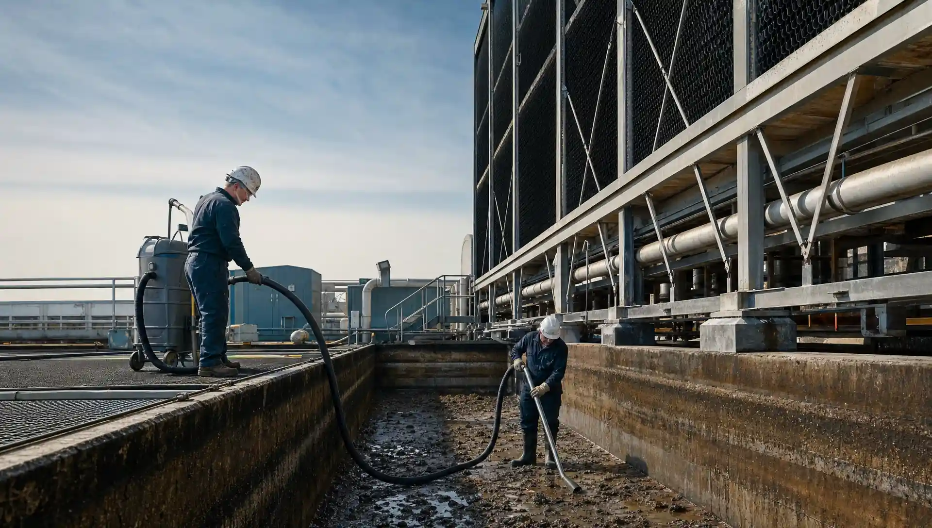 Service-Tech Corporation crew cleaning sediment from a commercial cooling tower basin at a Cleveland, Ohio facility