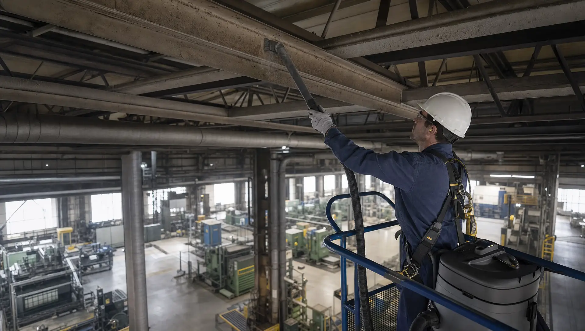 Service-Tech Corporation technician performing overhead industrial cleaning of steel roof structure in a Cleveland, Ohio manufacturing plant