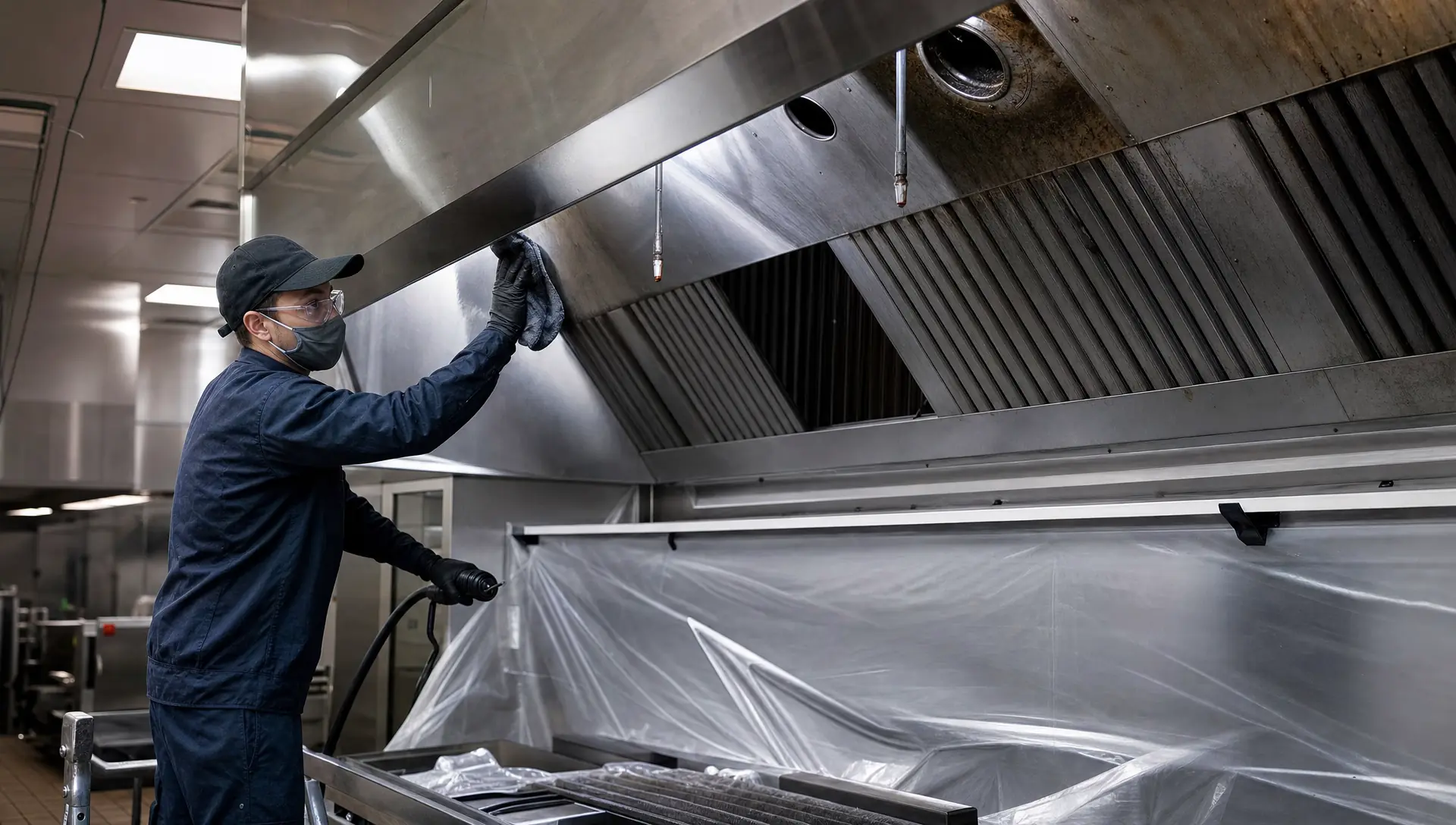 Service-Tech Corporation technician cleaning a commercial kitchen exhaust hood to bare metal in a Cleveland, Ohio institutional kitchen
