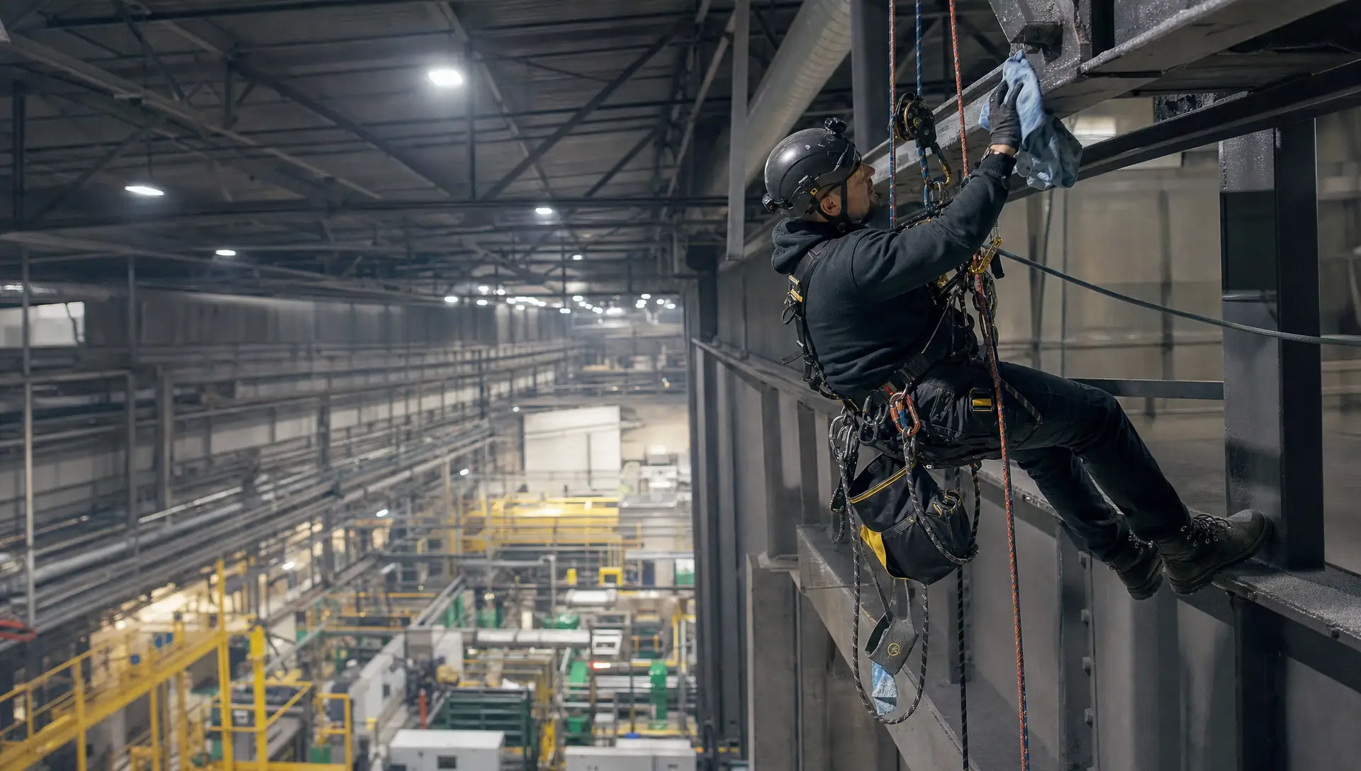 Service-Tech Corporation rope access technician on a redundant two-rope system cleaning high steel structure in a Cleveland, Ohio industrial facility