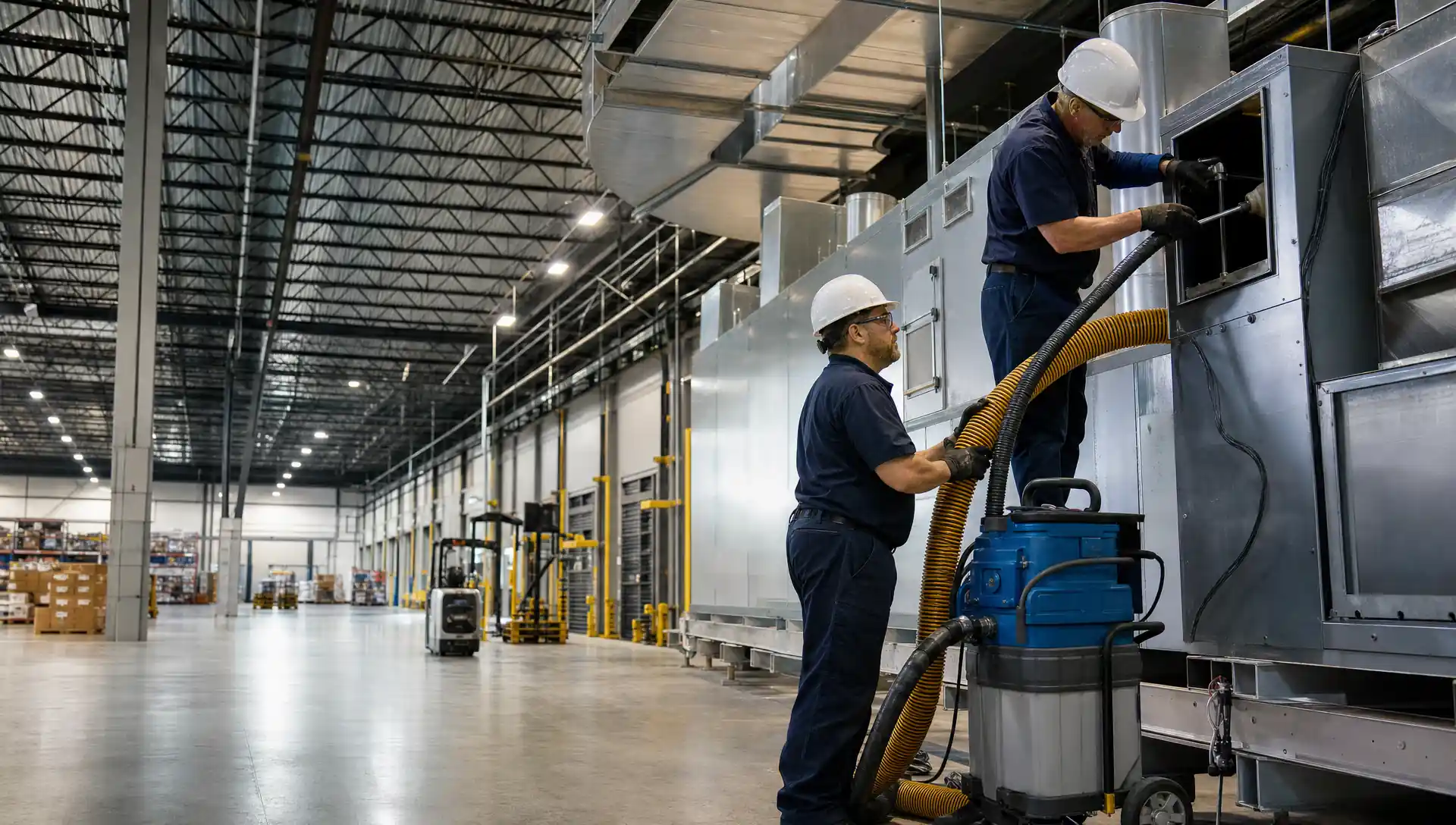 Service-Tech Corporation crew performing commercial air duct cleaning in a Columbus Ohio distribution facility