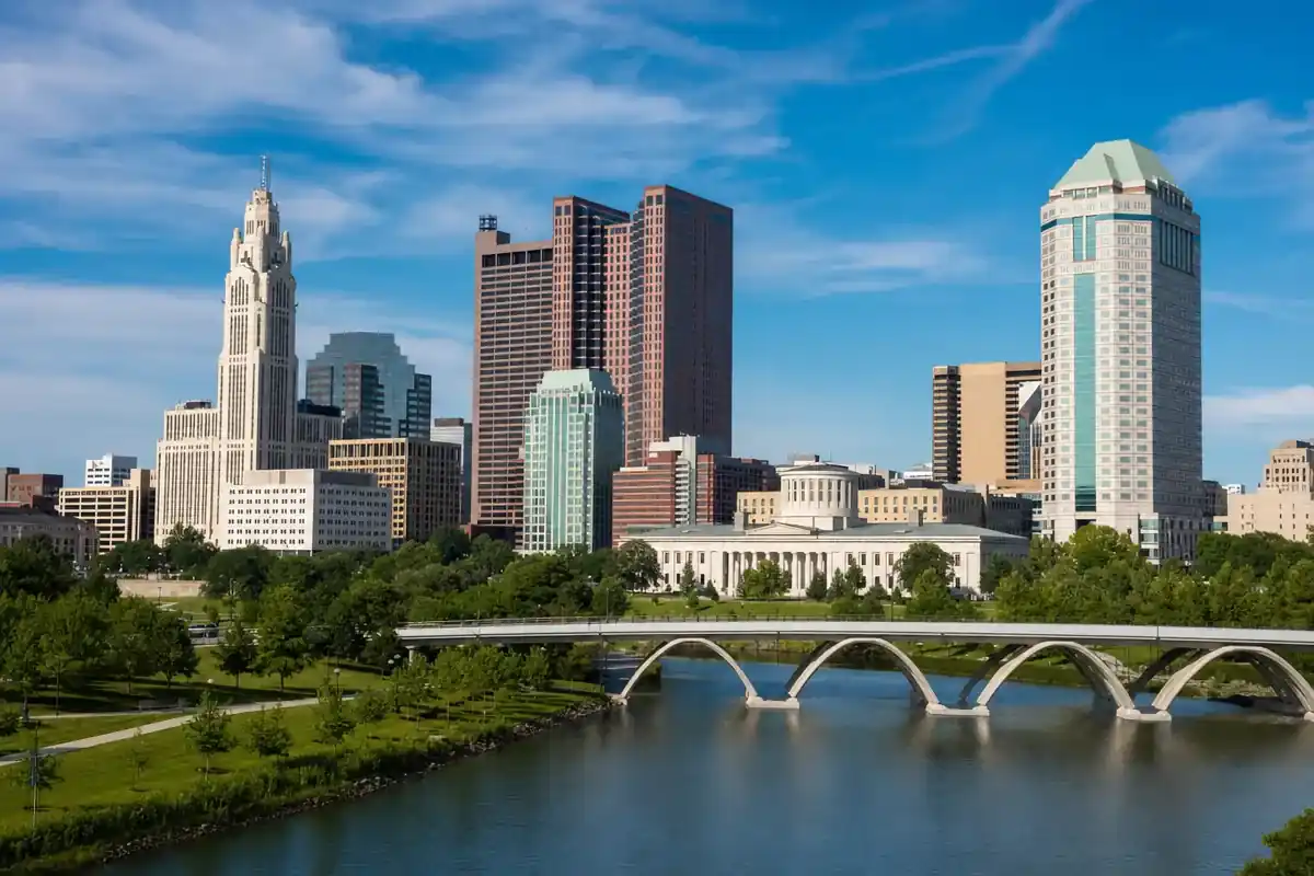 Columbus Ohio downtown skyline including the Ohio Statehouse district, served by Service-Tech