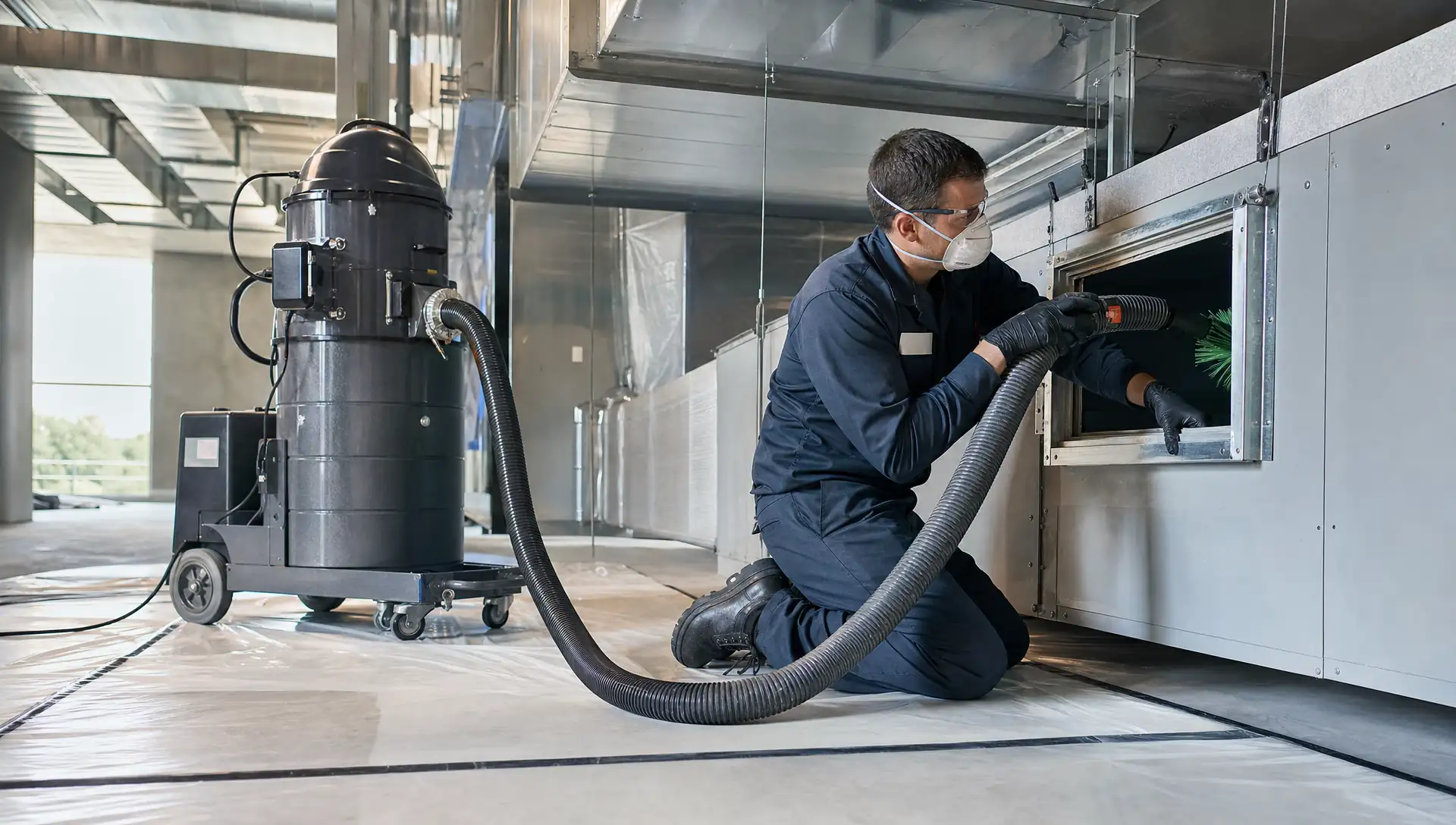 Service-Tech Corporation technician performing NADCA-standard commercial air duct cleaning with negative-pressure equipment in a Columbus, Ohio institutional building