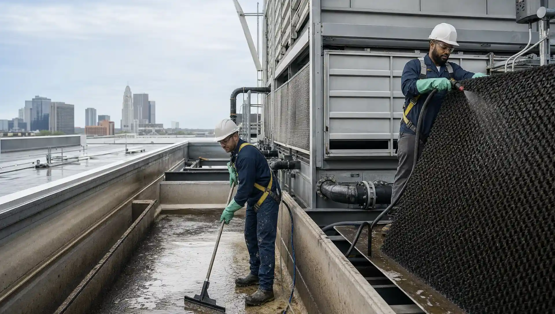 Service-Tech Corporation technicians performing basin and fill cleaning on a commercial cooling tower at a Columbus, Ohio facility