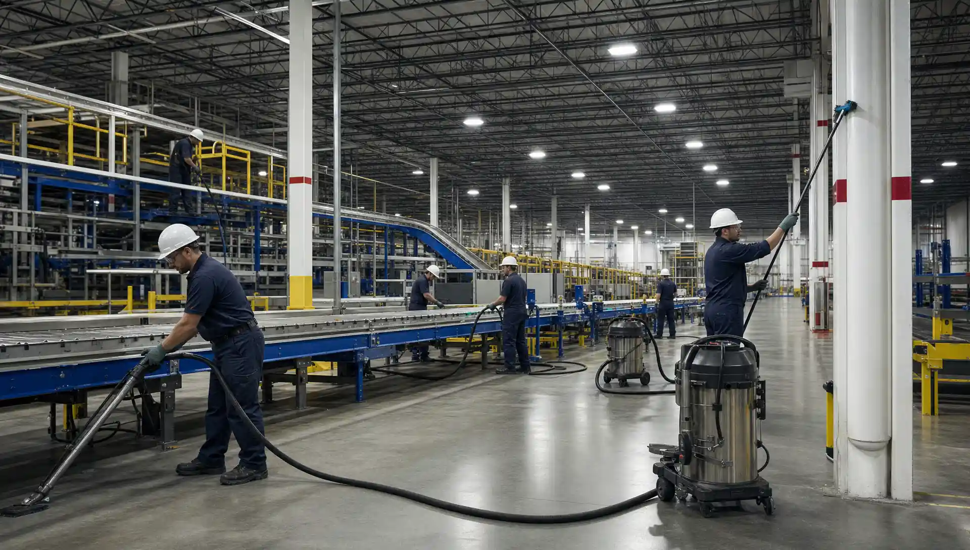 Service-Tech Corporation crew performing high-bay dust removal on warehouse ceiling structure in a Columbus, Ohio distribution center