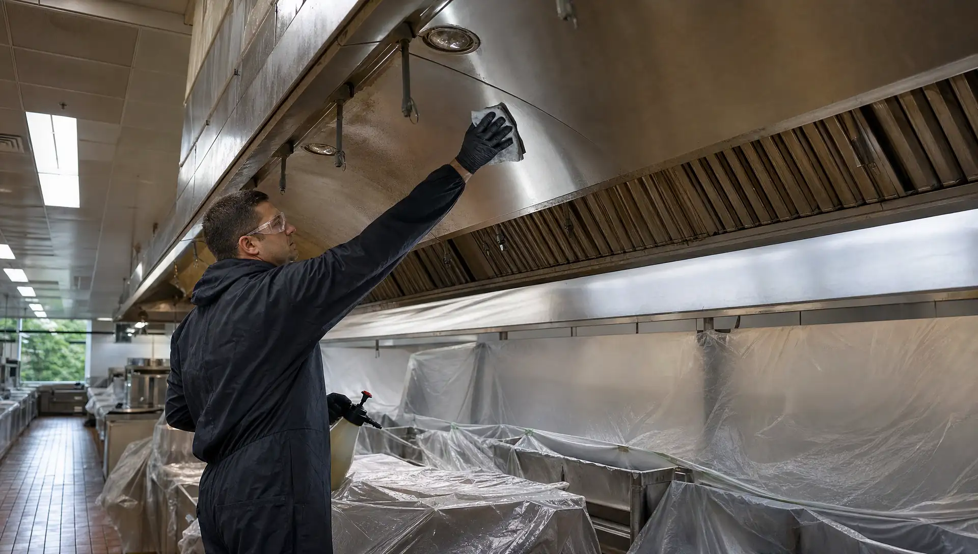 Service-Tech Corporation technician degreasing a commercial kitchen exhaust hood to bare metal in a Columbus, Ohio institutional dining facility