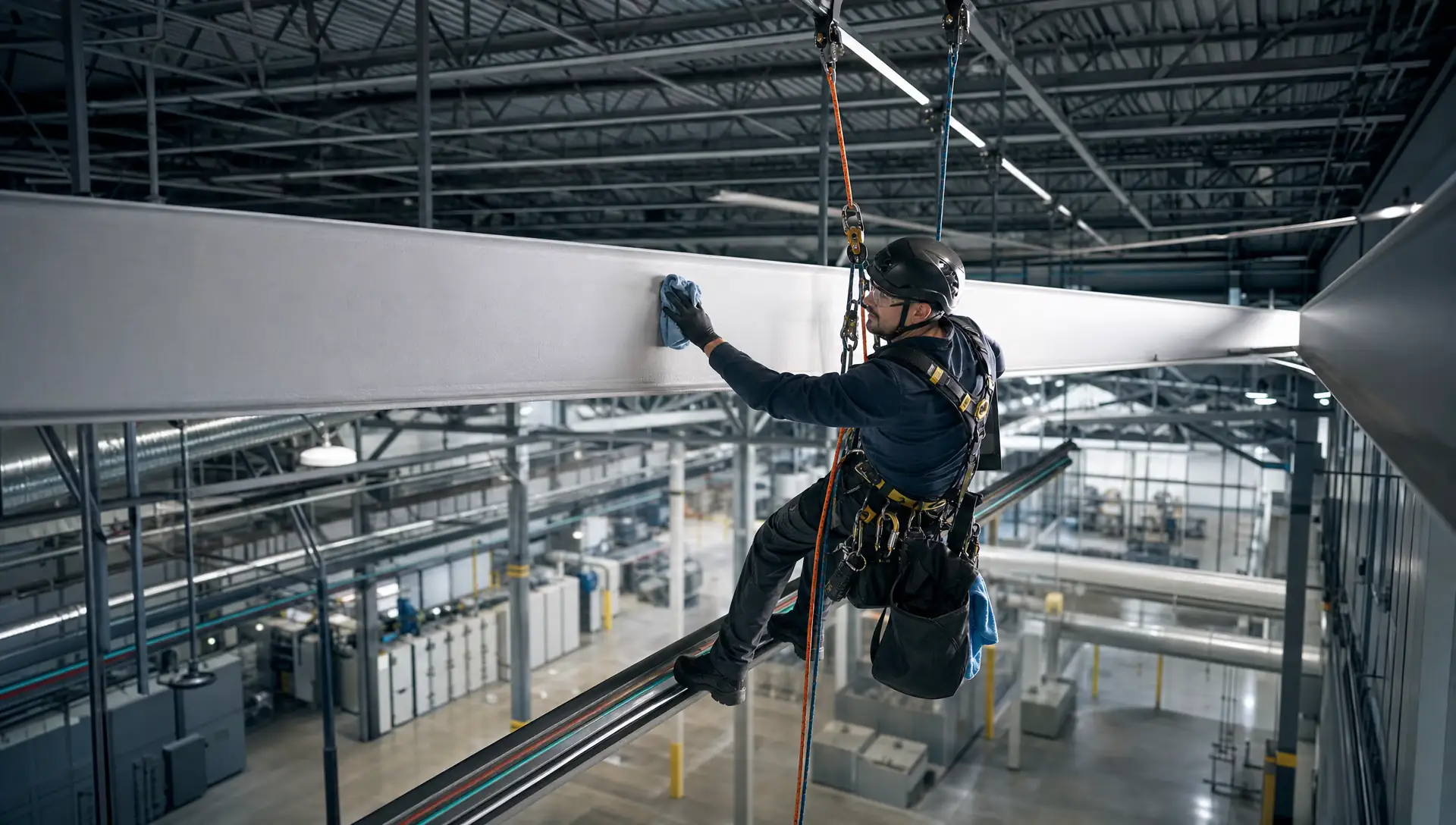 Service-Tech Corporation rope access technician descending a two-rope system to clean high structure at a Columbus, Ohio commercial facility