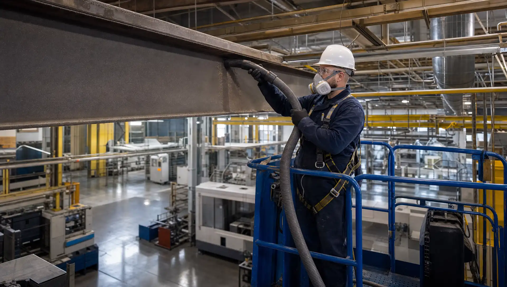Technician removing combustible dust from overhead beams and structure in a manufacturing plant using HEPA-filtered vacuum equipment